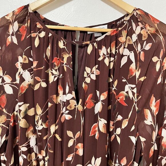 Calvin Klein Printed Round Neck Midi Chiffon Dress Size 16 Syrah Multi Belted - Picture 4 of 14